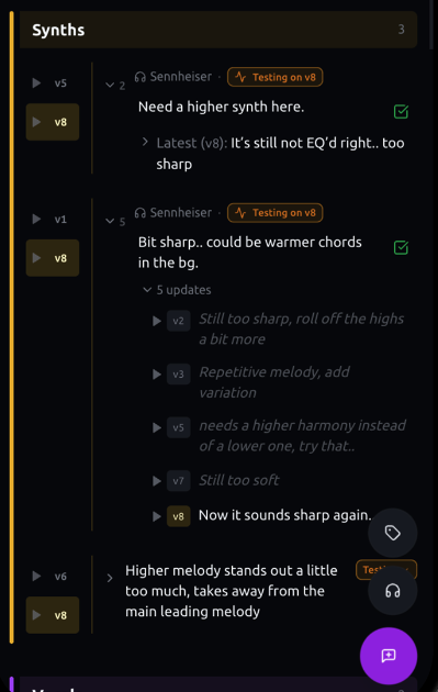 Issue stack in minims with an origin synth note and mix updates from v2 through v8 in one thread