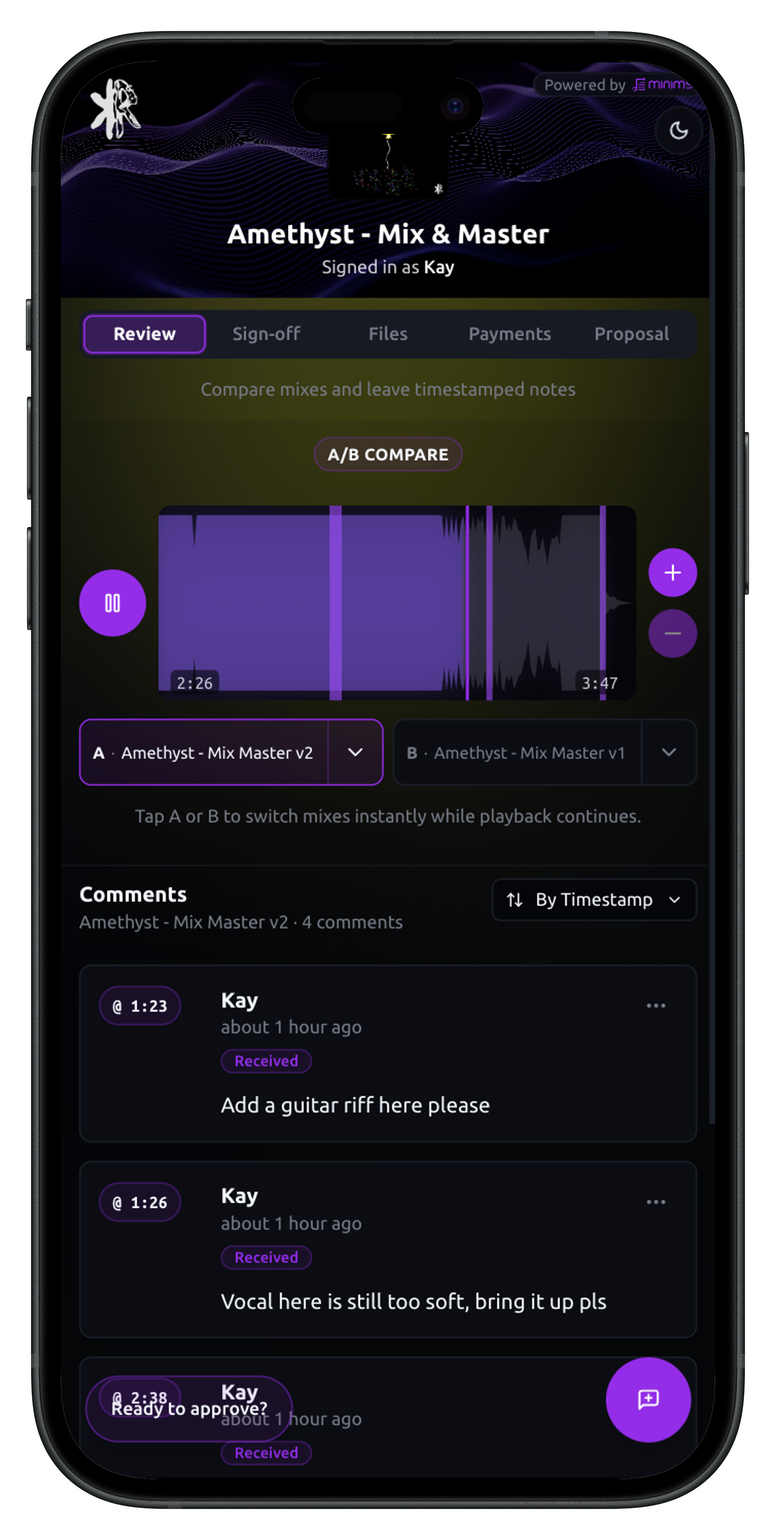 Minims mobile client portal for Amethyst — playback, comments, and review in one link