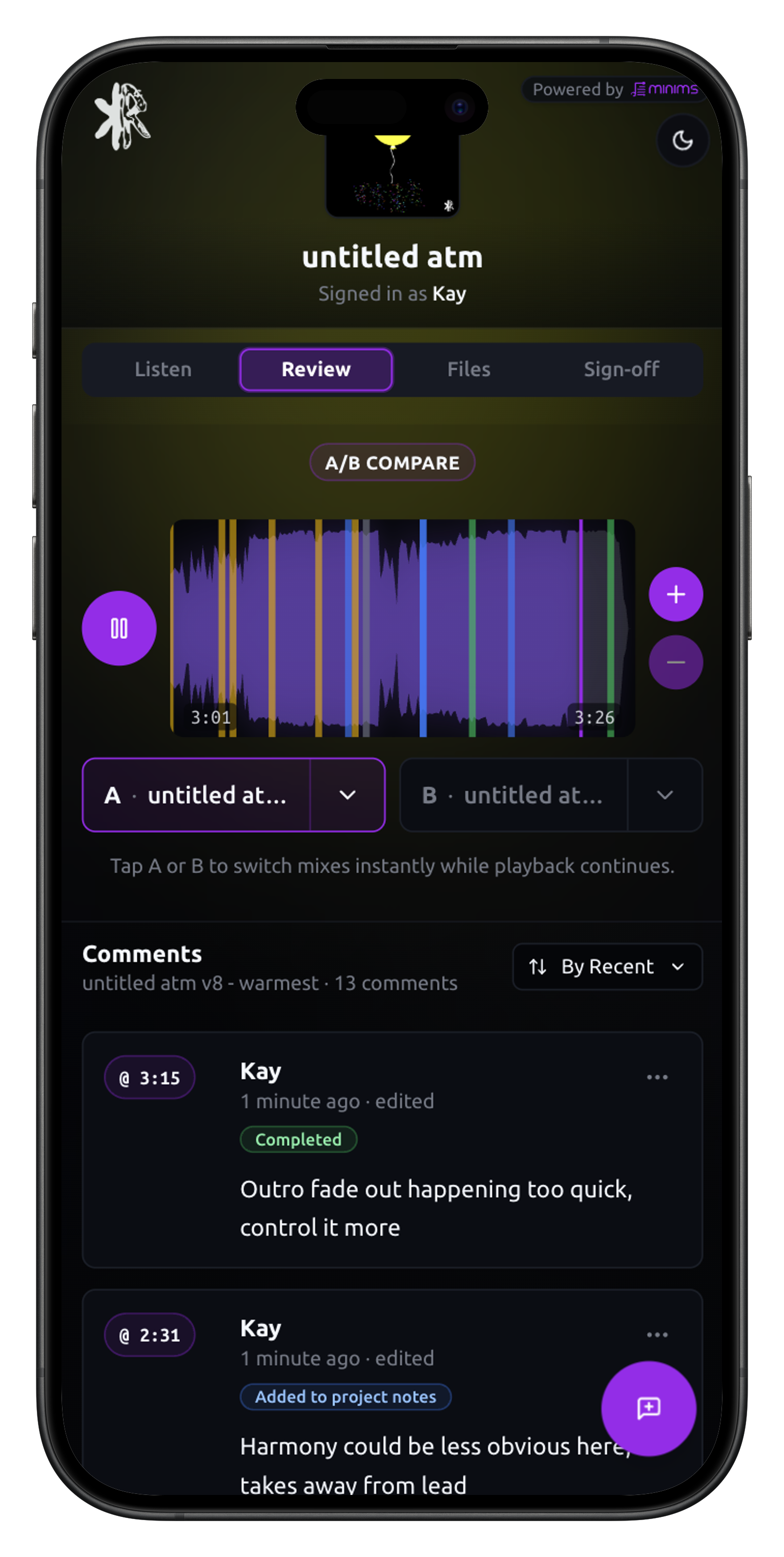 Minims mobile client portal review tab: high-fidelity playback, A/B compare, and timestamped comments