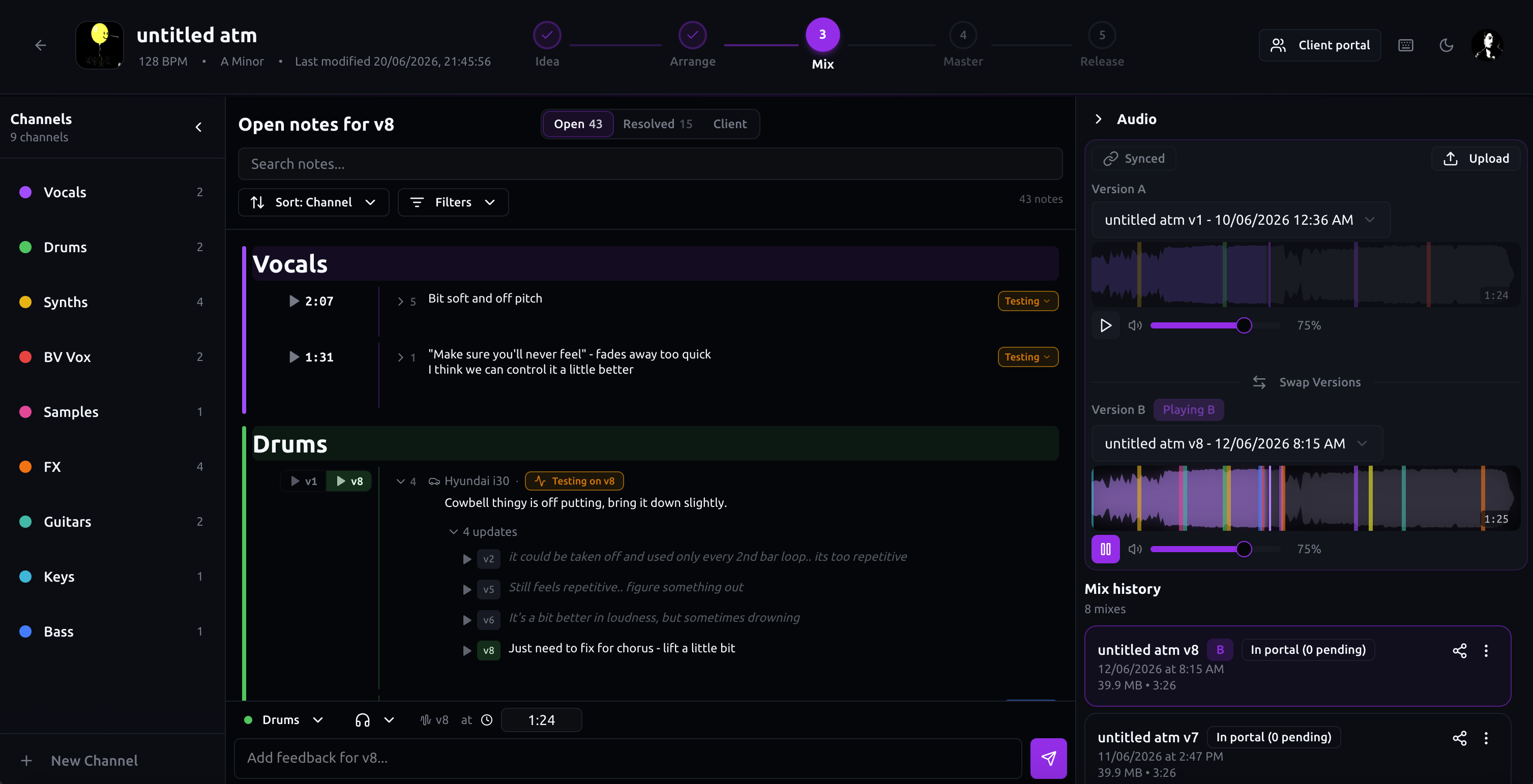 Minims project workspace: issue stacks across mix versions, channel notes, and A/B playback for untitled atm v1 and v8