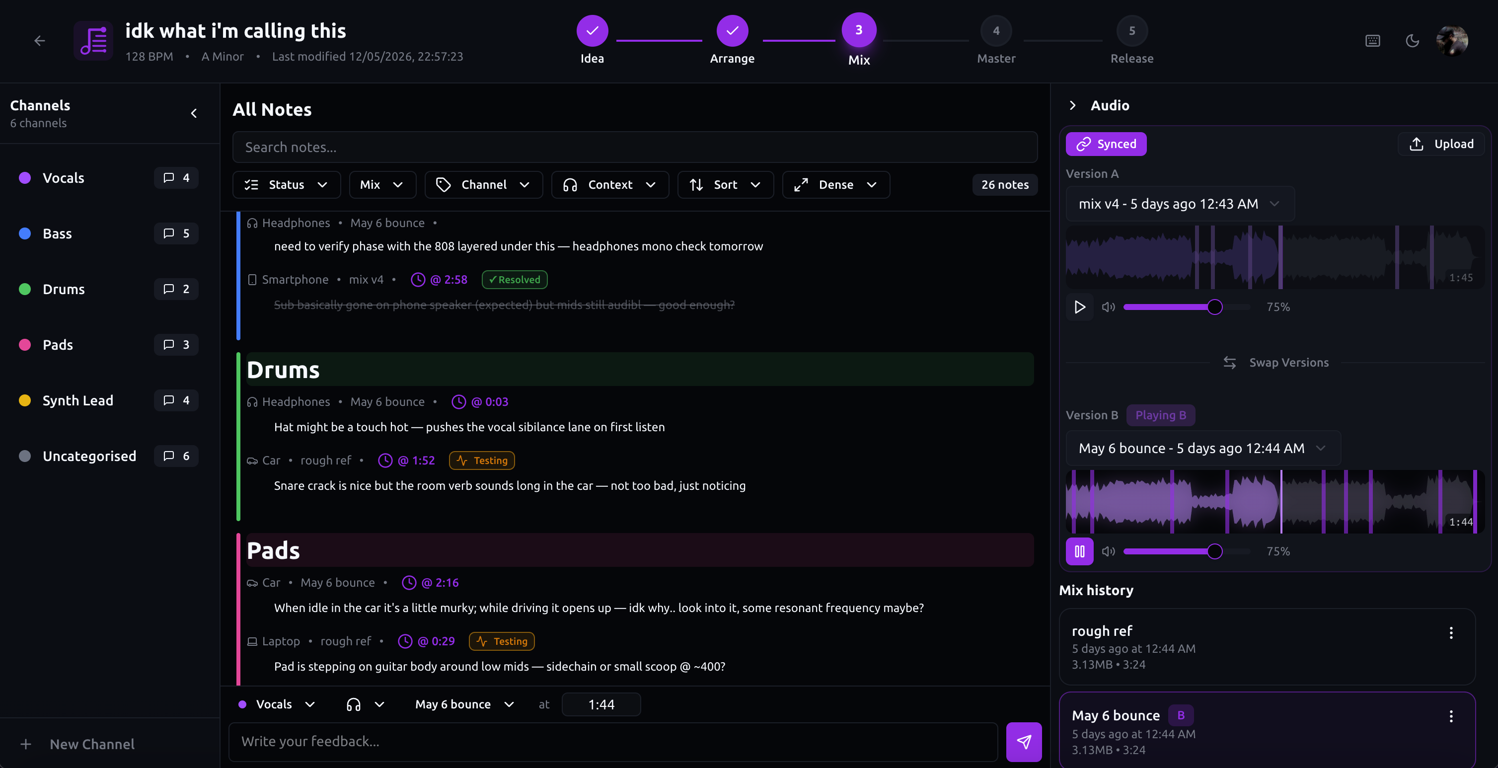 Minims project workspace: channels, mix notes with listening context, and A/B mix playback