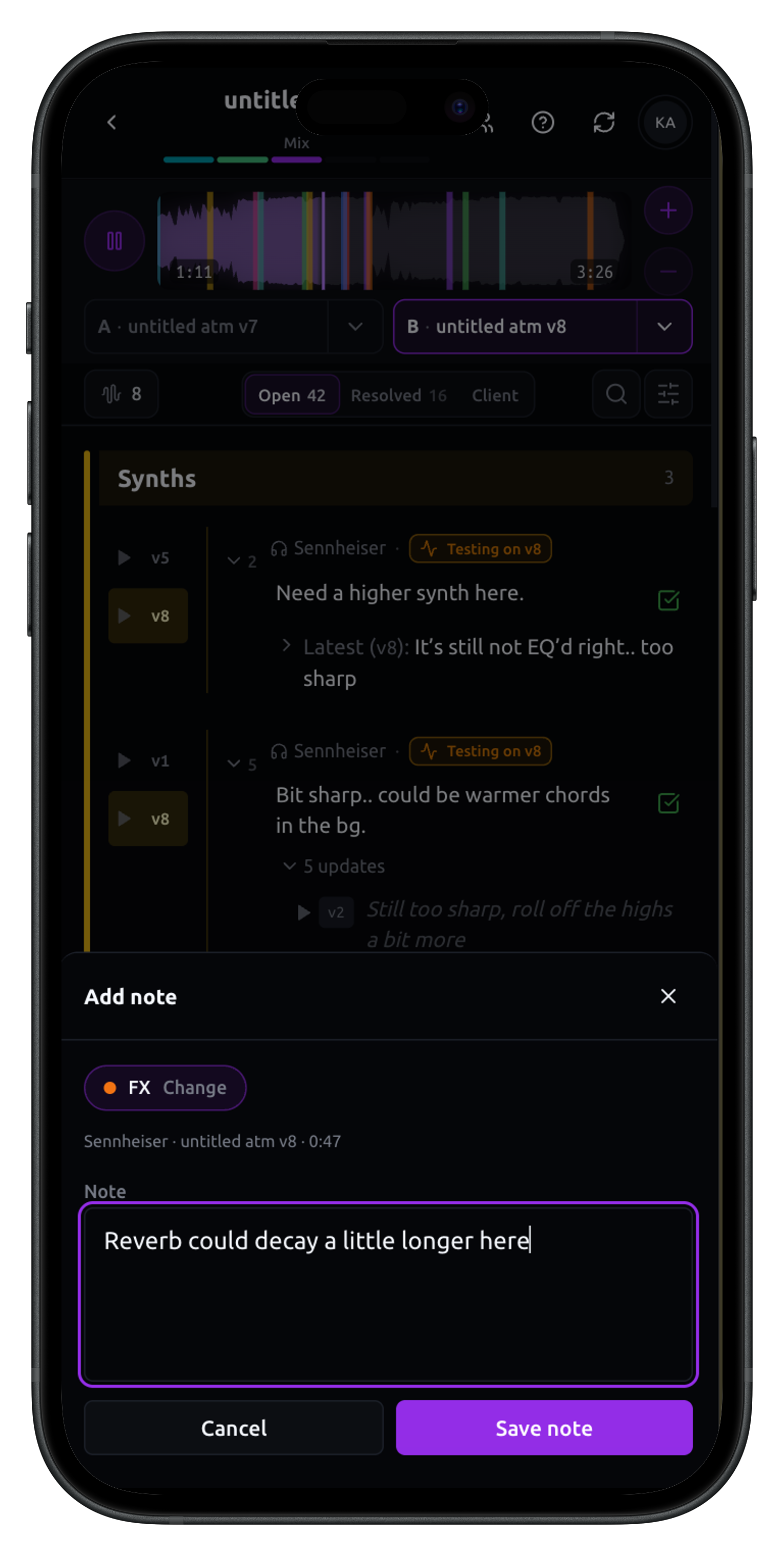 Minims mobile app: add a note with channel, version, timestamp, and listening context